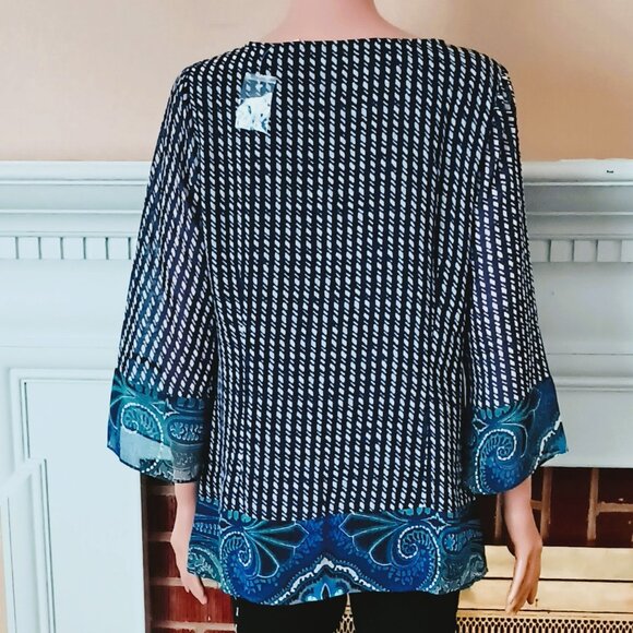 Share Isaac Mizrahi Paisley Ruffle Top S Black & Blue Button Up Sheer Lined Blou - Picture 8 of 10